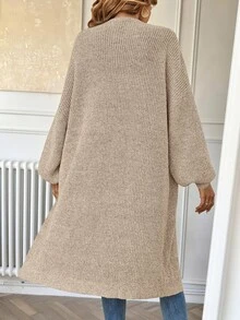 SHEIN X Lucía Bellido Easowa Drop Shoulder Ribbed Knit Duster Cardigan,Long Sleeve Tops In Autumn/ Office Everyday Apricot Casual - Beige - View 3