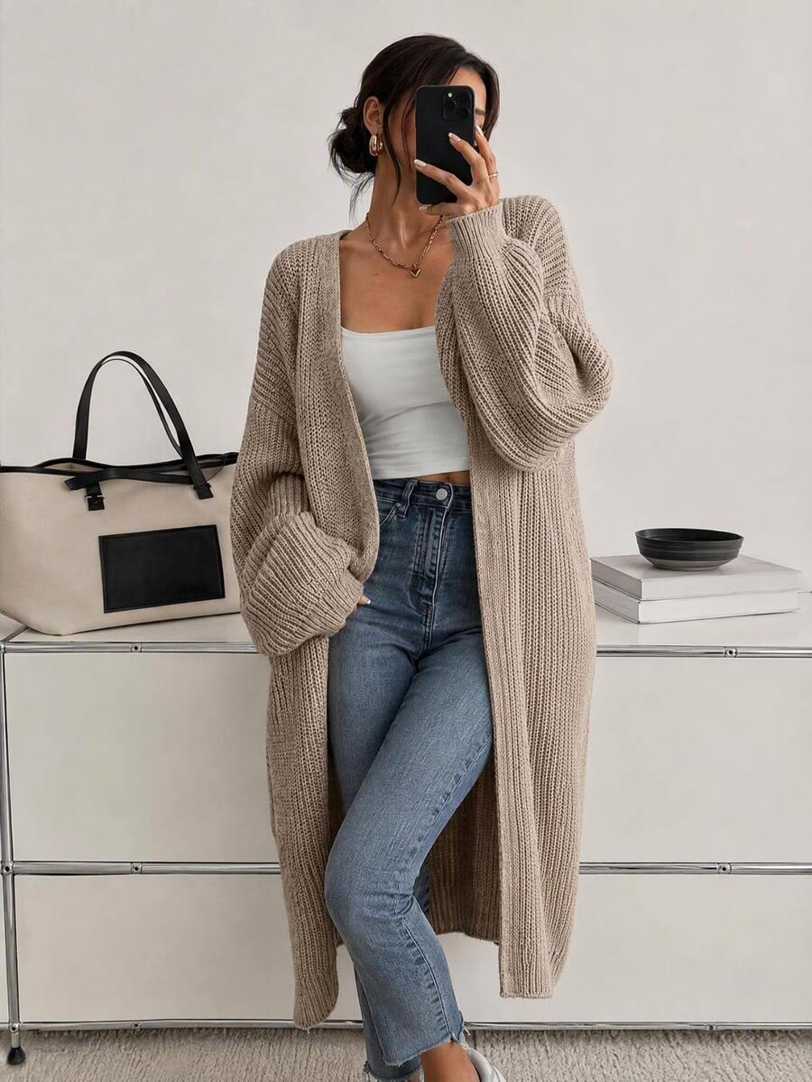 SHEIN X Lucía Bellido Easowa Drop Shoulder Ribbed Knit Duster Cardigan,Long Sleeve Tops In Autumn/ Office Everyday Apricot Casual - Beige - View 1
