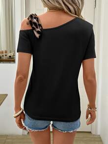 Easowa Women's Casual Leopard Print Lace Up Short Sleeve T-Shirt, Suitable For Work And Outdoor,Casual - Black - View 3