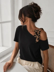 Easowa Women's Casual Leopard Print Lace Up Short Sleeve T-Shirt, Suitable For Work And Outdoor,Casual - Black - View 1