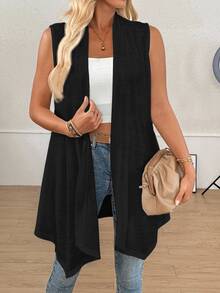 Easowa Sleeveless Open Front Solid Color Asymmetric Hem Vest Jacket Office Breakfast Everyday Everyday Travel In Autumn,Casual Black - Black - View 7