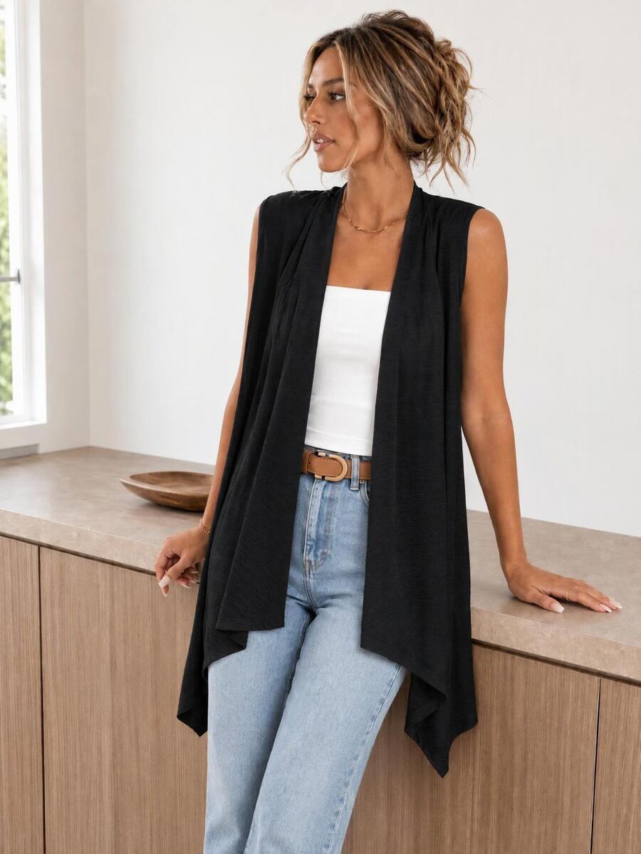 Easowa Sleeveless Open Front Solid Color Asymmetric Hem Vest Jacket Office Breakfast Everyday Everyday Travel In Autumn,Casual Black