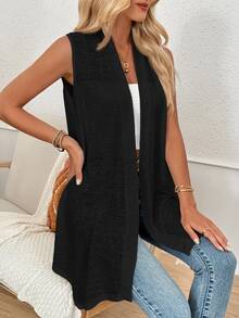 Easowa Sleeveless Open Front Solid Color Asymmetric Hem Vest Jacket Office Breakfast Everyday Everyday Travel In Autumn,Casual Black - Black - View 5