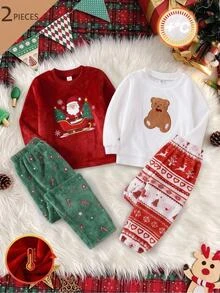 SHEIN Young Boy Winter Cartoon Embroidered Bear Christmas Plush Pattern Crew Neck Regular Shoulder Long Sleeve Top & Long Pants Soft Comfortable Double-Sided Flannel Pajama Set 2pcs - Multicolor - View 7
