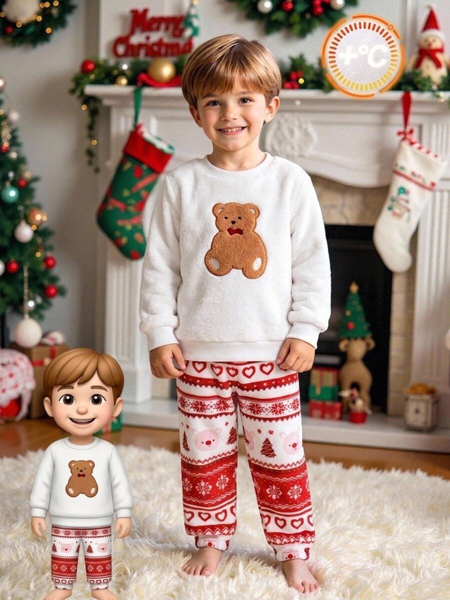 SHEIN Young Boy Winter Cartoon Embroidered Bear Christmas Plush Pattern Crew Neck Regular Shoulder Long Sleeve Top & Long Pants Soft Comfortable Double-Sided Flannel Pajama Set 2pcs - Multicolor - View 1