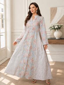 Al Najma Exquisite Embroidered & Printed Loose Fit Flared Women's Turkish Long Shirt & Arabic Traditional Long Shirt - Blue - View 1