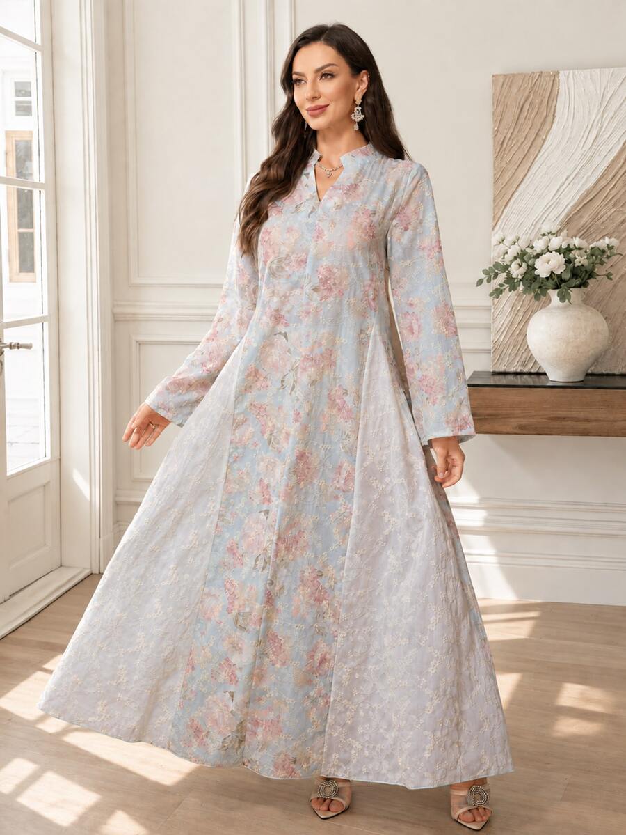 Al Najma Exquisite Embroidered & Printed Loose Fit Flared Women's Turkish Long Shirt & Arabic Traditional Long Shirt - Blue - View 1