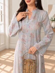 Al Najma Exquisite Embroidered & Printed Loose Fit Flared Women's Turkish Long Shirt & Arabic Traditional Long Shirt - Blue - View 5