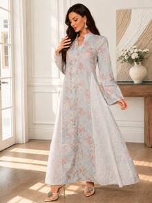 Al Najma Exquisite Embroidered & Printed Loose Fit Flared Women's Turkish Long Shirt & Arabic Traditional Long Shirt - Blue - View 6