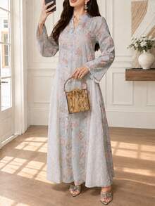 Al Najma Exquisite Embroidered & Printed Loose Fit Flared Women's Turkish Long Shirt & Arabic Traditional Long Shirt - Blue - View 4