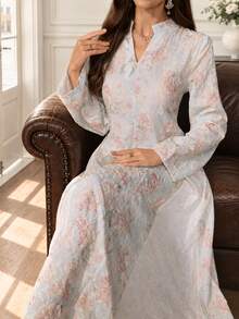 Al Najma Exquisite Embroidered & Printed Loose Fit Flared Women's Turkish Long Shirt & Arabic Traditional Long Shirt - Blue - View 3