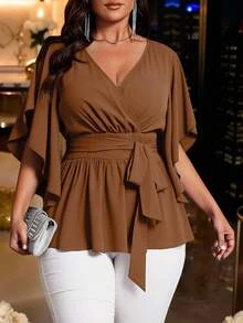 Auvina Plus Size Women Solid Color Fitted V-Neck Short Sleeve Tie Waist Ruffle Hem Elegant Daily Party Blouse - Camel - View 5