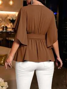 Auvina Plus Size Women Solid Color Fitted V-Neck Short Sleeve Tie Waist Ruffle Hem Elegant Daily Party Blouse - Camel - View 2