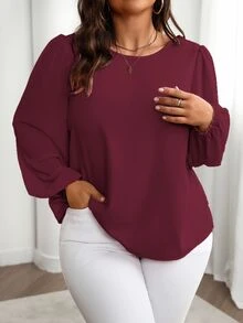 Velvienne Plus Size Women's Solid Color Round Neck Long Sleeve Frill Trim Loose Casual Shirt Fall - Burgundy - View 5