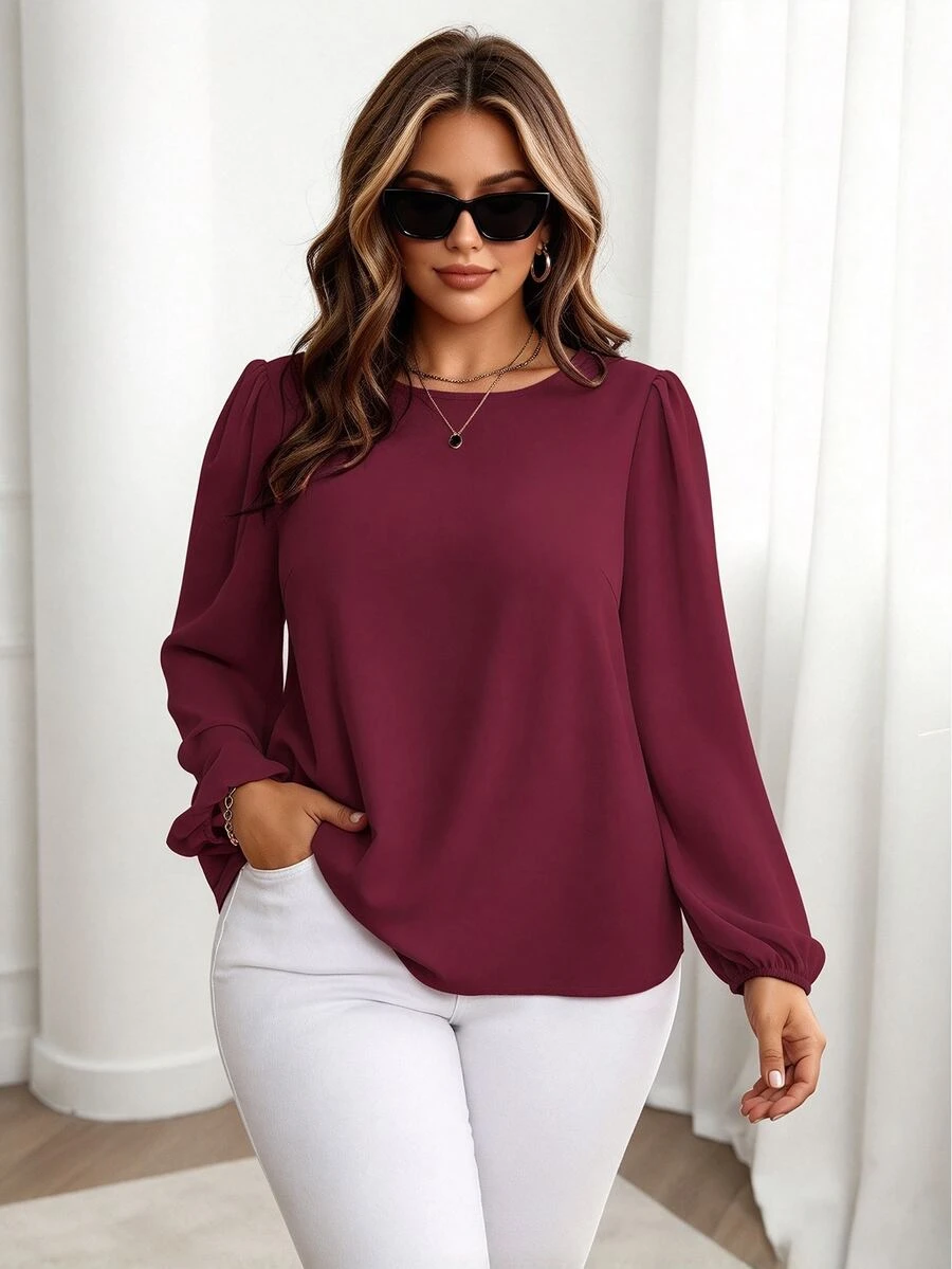Velvienne Plus Size Women's Solid Color Round Neck Long Sleeve Frill Trim Loose Casual Shirt Fall - Burgundy - View 1