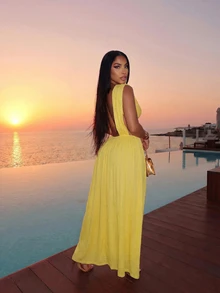 Slaydiva Yellow Summer Elegant Backless Tie-Waist High-Slit Dress Cover-Up. Suitable For Women, This Fitted Dress Is Perfect For Evening Outings, Part - Yellow - View 4