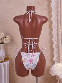 Swim Mod 女士甜美花朵绒球蕾丝珍珠装饰吊带露背性感吊带背心比基尼套装，适合海滩度假 - 彩色 - 查看 2