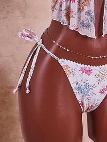Swim Mod 女士甜美花朵绒球蕾丝珍珠装饰吊带露背性感吊带背心比基尼套装，适合海滩度假 - 彩色 - 查看 4