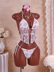 Swim Mod 女士甜美花朵绒球蕾丝珍珠装饰吊带露背性感吊带背心比基尼套装，适合海滩度假 - 彩色 - 查看 5