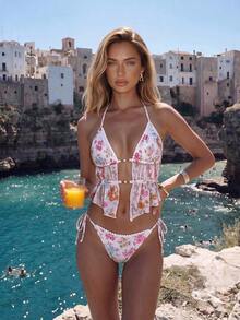 Swim Mod 女士甜美花朵绒球蕾丝珍珠装饰吊带露背性感吊带背心比基尼套装，适合海滩度假 - 彩色 - 查看 7