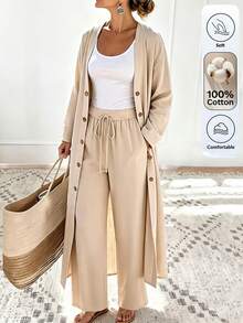 SHEIN LUNE Women's Vacation Solid Color Button Long Sleeve Shirt And Drawstring Waist Pocket Pants 2 Pieces Set - Apricot - View 3