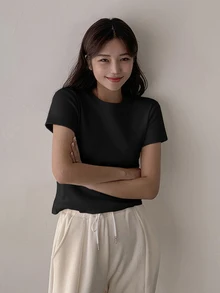 DAZY Solid Round Neck Tee Preppy Tops - Black - View 2
