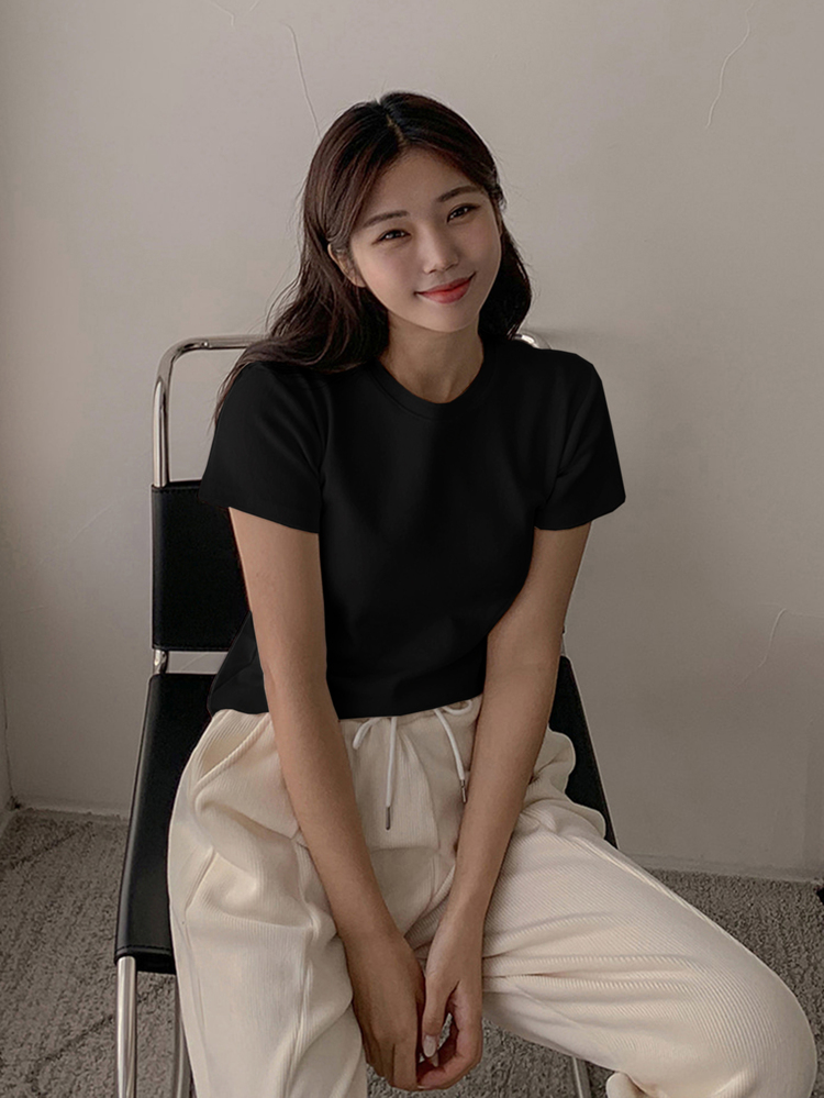 DAZY Solid Round Neck Tee Preppy Tops - Black - View 4