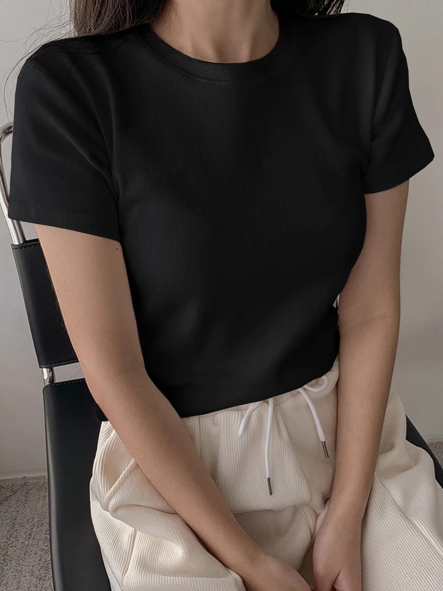 DAZY Solid Round Neck Tee Preppy Tops - Black - View 1
