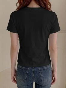 DAZY Solid Round Neck Tee Preppy Tops - Black - View 7