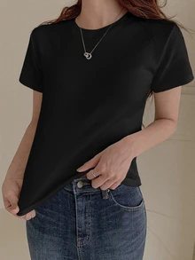 DAZY Solid Round Neck Tee Preppy Tops - Black - View 3