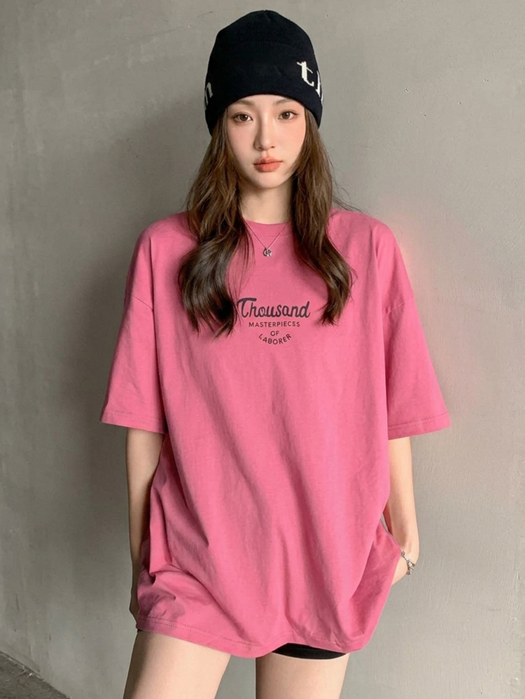 DAZY Letter Graphic Drop Shoulder Tee Thousand MASTERPIECES OF LABORER Summer Oversized T-Shirt Cute Tops - Hot Pink - View 11