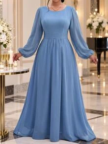 Fleurora Plus Size Women's Elegant Solid Color Round Neck Cinched Waist Long Sleeve Dress Fall - Blue - View 3