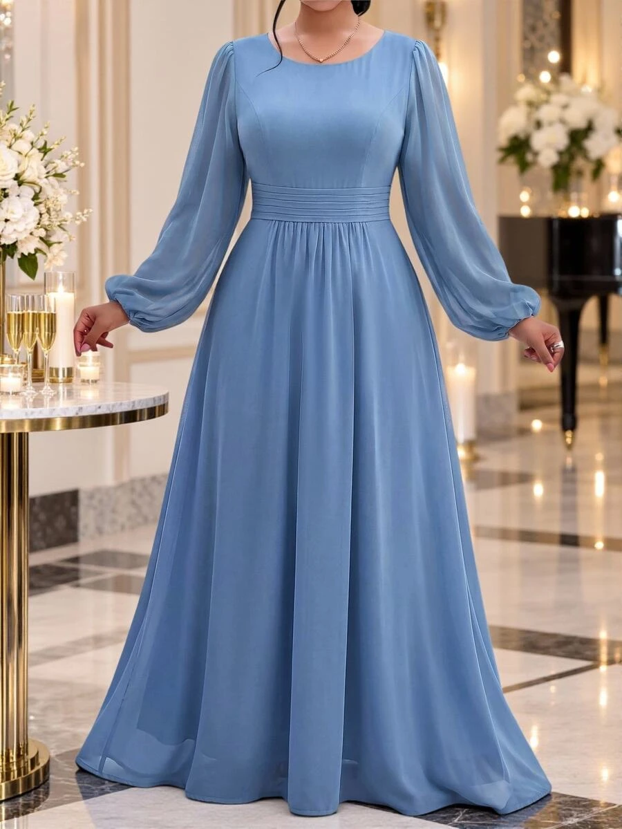 Fleurora Plus Size Women's Elegant Solid Color Round Neck Cinched Waist Long Sleeve Dress Fall - Blue - View 1