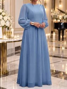 Fleurora Plus Size Women's Elegant Solid Color Round Neck Cinched Waist Long Sleeve Dress Fall - Blue - View 5