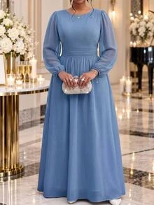 Fleurora Plus Size Women's Elegant Solid Color Round Neck Cinched Waist Long Sleeve Dress Fall - Blue - View 4