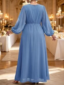 Fleurora Plus Size Women's Elegant Solid Color Round Neck Cinched Waist Long Sleeve Dress Fall - Blue - View 2