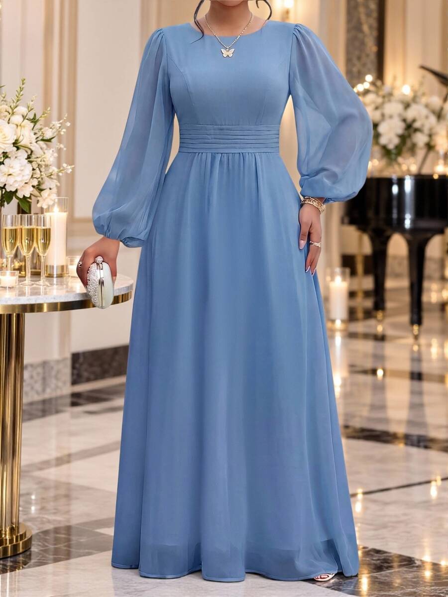 Fleurora Plus Size Women's Elegant Solid Color Round Neck Cinched Waist Long Sleeve Dress Fall - Blue - View 1