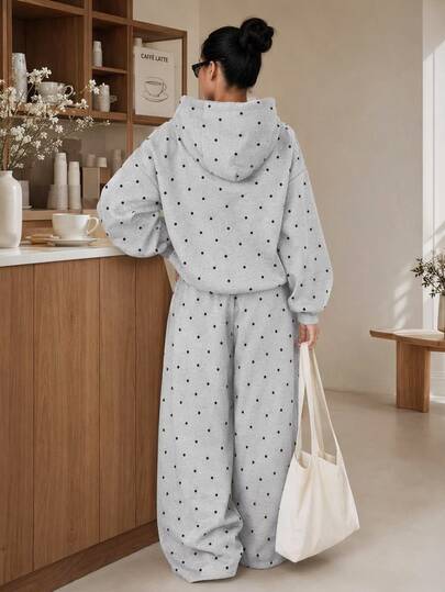 Fashionable Versatile Grey Floral, Teen Girls Casual Fashion Retro Polka Dot Hooded Drop Shoulder Loose Sweatshirt And Casual Loose Pants 2 Pieces Set Suitable For Autumn/Winter Daily, Sports, Back To School, Outings, Music Festivals, American Street Style, Sweet Cool Lazy, Relaxed Fashion, Girly Style