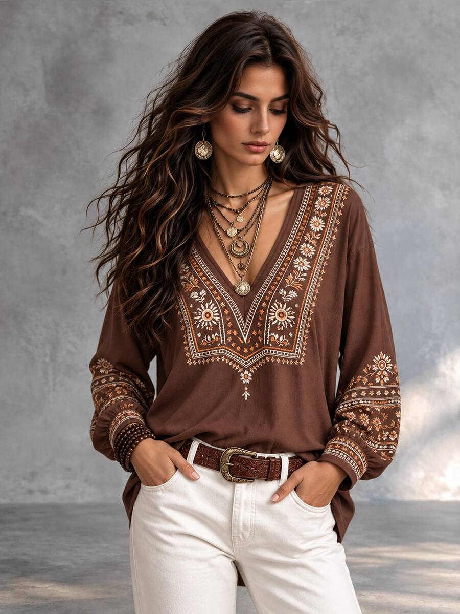 Trelyra Autumn/Winter Digital Print Loose Casual Commute V-Neck T-Shirt For Women - Brown - View 1