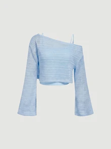 SHEIN MOD Yellow Asymmetric Shoulder Flared Sleeve Top 2pcs Set - Baby Blue - View 2