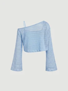 SHEIN MOD Yellow Asymmetric Shoulder Flared Sleeve Top 2pcs Set - Baby Blue - View 4
