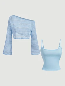SHEIN MOD Yellow Asymmetric Shoulder Flared Sleeve Top 2pcs Set - Baby Blue - View 6