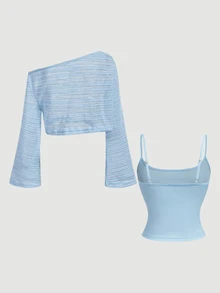 SHEIN MOD Yellow Asymmetric Shoulder Flared Sleeve Top 2pcs Set - Baby Blue - View 5