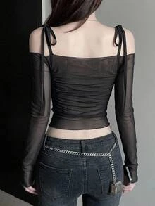DAZY Women's Solid Color Mesh Ruched Crop Long Sleeve T-Shirt Going Out Tops Women - Black - View 8