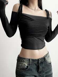 DAZY Women's Solid Color Mesh Ruched Crop Long Sleeve T-Shirt Going Out Tops Women - Black - View 2