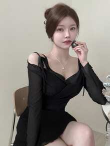DAZY Women's Solid Color Mesh Ruched Crop Long Sleeve T-Shirt Going Out Tops Women - Black - View 5