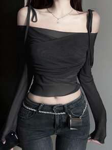 DAZY Women's Solid Color Mesh Ruched Crop Long Sleeve T-Shirt Going Out Tops Women - Black - View 1