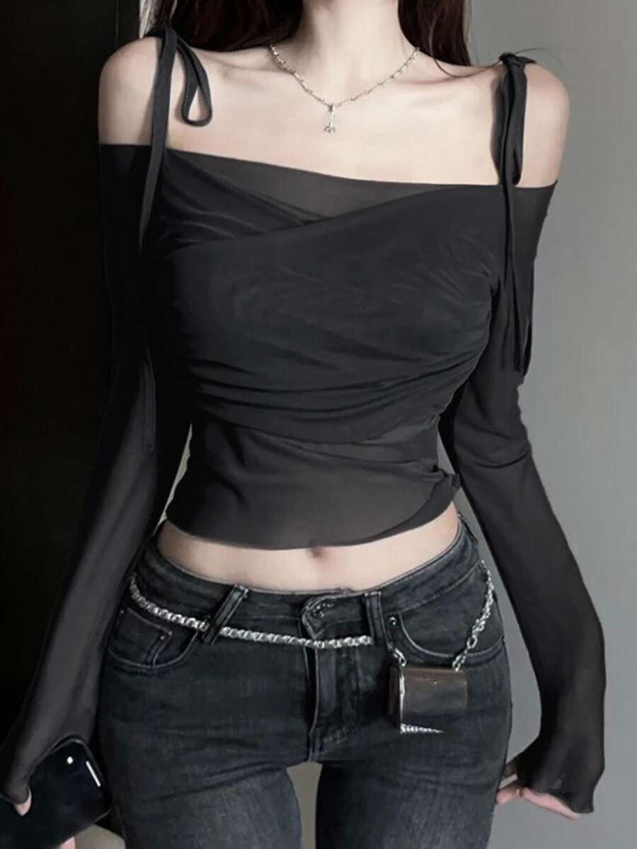 DAZY Women's Solid Color Mesh Ruched Crop Long Sleeve T-Shirt Going Out Tops Women - Black - View 1
