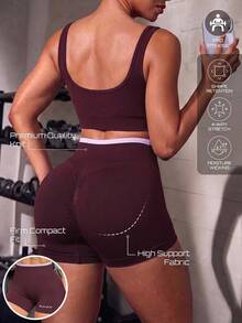 Solea Cove Women's Letter Print High Waist Casual Athletic Low Waist Fitness Sports Shorts Pilates Gym Dark Red Summer - Multicolor - View 5