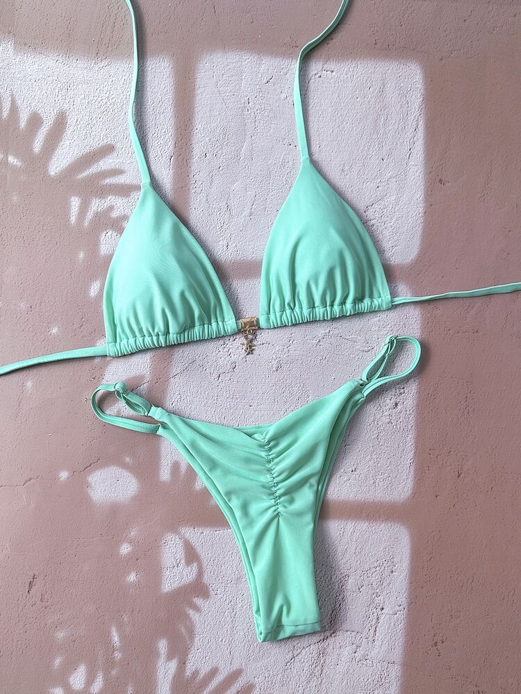 SHEIN Swim Women's Solid Color Halter Metal Pendant Sexy Thong Bikini Set For Summer - Green - View 2